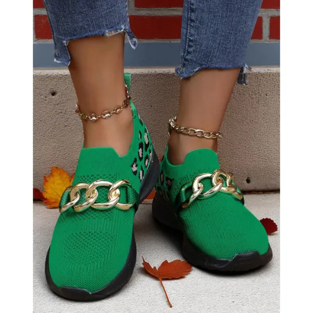 Women's Orange Flyknit Slip-On Sneakers with Leopard Print & Chain Detail – Trendy Chunky Sole Shoes for Halloween, Festivals & Streetwear