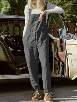 Women's Overall Bib Jumpsuit Utility Patch Pocket Solid Color Square Neck Streetwear Daily Vacation Casual Regular Fit Sleeveless Black Wine Blue S M L Summer Wide-leg Pants Vacation