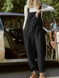 Women's Overall Bib Jumpsuit Utility Patch Pocket Solid Color Square Neck Streetwear Daily Vacation Casual Regular Fit Sleeveless Black Wine Blue S M L Summer Wide-leg Pants Vacation