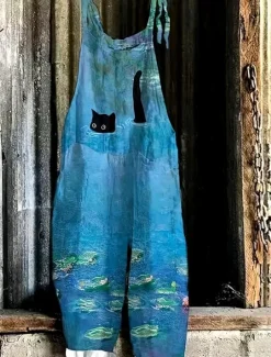 Women's Overalls Vacation Vintage Ethnic Style Long High Waist Animal Color Block Drawstring Inelastic Formal Vacation Street White Blue Light Slate Gray Summer Spring Fall Loose Fit