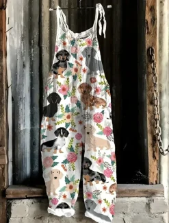 Women's Overalls Vacation Vintage Ethnic Style Long High Waist Animal Color Block Drawstring Inelastic Formal Vacation Street White Blue Light Slate Gray Summer Spring Fall Loose Fit