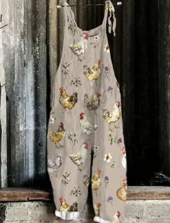 Women's Overalls Vacation Vintage Ethnic Style Full Length High Waist Animal Drawstring Inelastic Formal Vacation Street Robin's Egg Blue Sage Khaki Summer Spring Fall Loose Fit