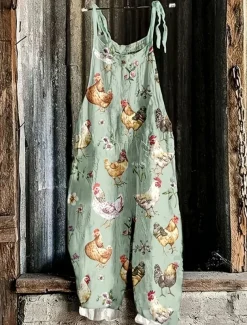 Women's Overalls Vacation Vintage Ethnic Style Full Length High Waist Animal Drawstring Inelastic Formal Vacation Street Robin's Egg Blue Sage Khaki Summer Spring Fall Loose Fit