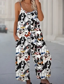 Women's Overalls Vacation Vintage Ethnic Style Full Length High Waist Animal Drawstring Inelastic Formal Vacation Street rice white Robin's Egg Blue Summer Spring Fall Loose Fit