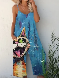 Women's Overalls Vacation Vintage Ethnic Style Full Length High Waist Animal Drawstring Inelastic Formal Vacation Street rice white Robin's Egg Blue Summer Spring Fall Loose Fit