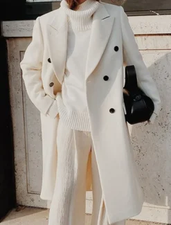 Women's Overcoat Long Pea Coat Double Breasted Lapel Trench Coat Windproof Warm Winter Coat with Pockets Fall Stylish Contemporary Modern Jacket Long Sleeve White Khaki