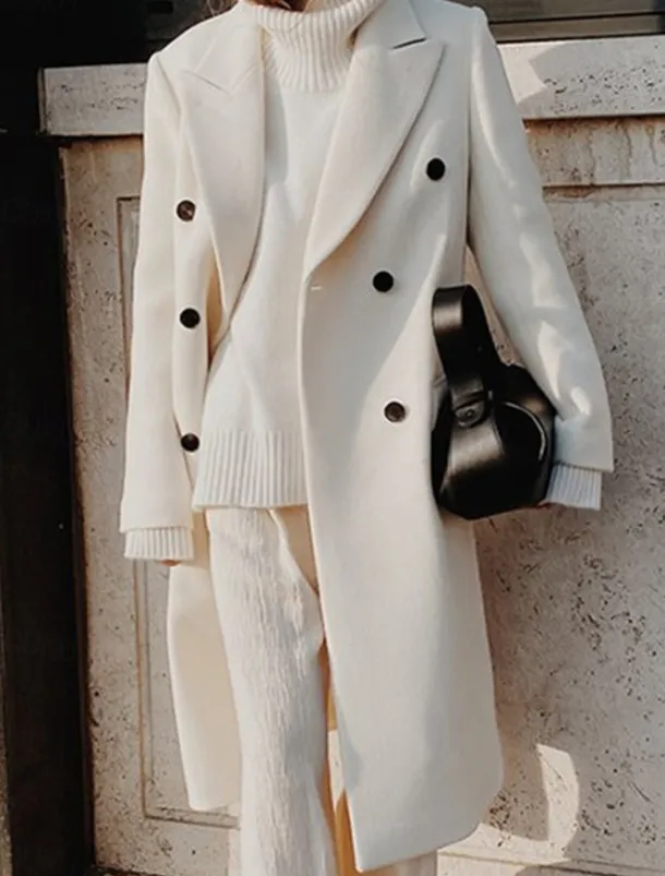 Women's Overcoat Long Pea Coat Double Breasted Lapel Trench Coat Windproof Warm Winter Coat with Pockets Fall Stylish Contemporary Modern Jacket Long Sleeve White Khaki