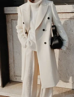 Women's Overcoat Long Pea Coat Double Breasted Lapel Trench Coat Windproof Warm Winter Coat with Pockets Fall Stylish Contemporary Modern Jacket Long Sleeve White Khaki