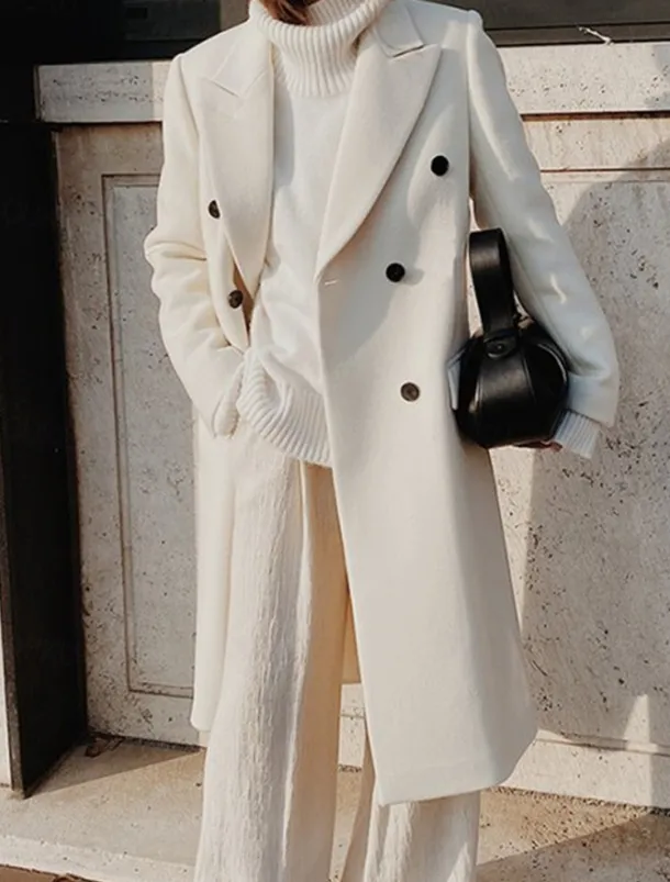 Women's Overcoat Long Pea Coat Double Breasted Lapel Trench Coat Windproof Warm Winter Coat with Pockets Fall Stylish Contemporary Modern Jacket Long Sleeve White Khaki
