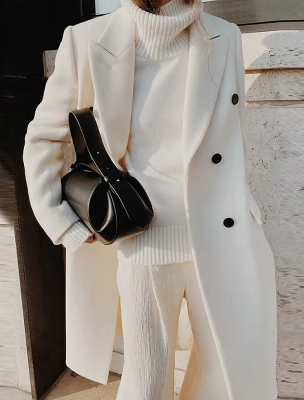 Women's Overcoat Long Pea Coat Double Breasted Lapel Trench Coat Windproof Warm Winter Coat with Pockets Fall Stylish Contemporary Modern Jacket Long Sleeve White Khaki