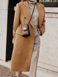 Women's Overcoat Long Pea Coat Double Breasted Lapel Trench Coat Windproof Warm Winter Coat with Pockets Fall Stylish Contemporary Modern Jacket Long Sleeve White Khaki