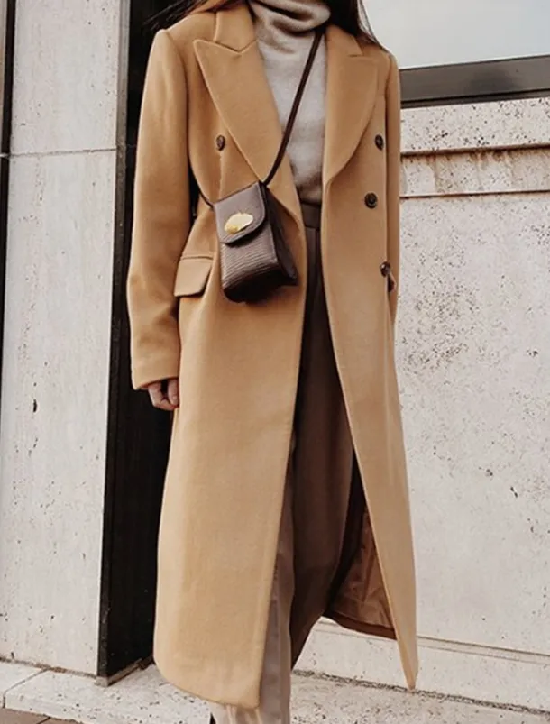 Women's Overcoat Long Pea Coat Double Breasted Lapel Trench Coat Windproof Warm Winter Coat with Pockets Fall Stylish Contemporary Modern Jacket Long Sleeve White Khaki