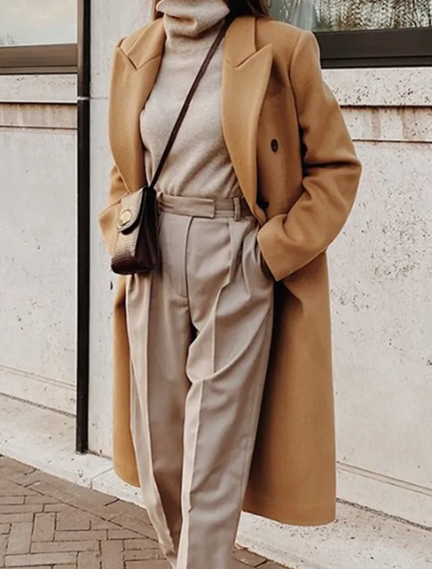 Women's Overcoat Long Pea Coat Double Breasted Lapel Trench Coat Windproof Warm Winter Coat with Pockets Fall Stylish Contemporary Modern Jacket Long Sleeve White Khaki