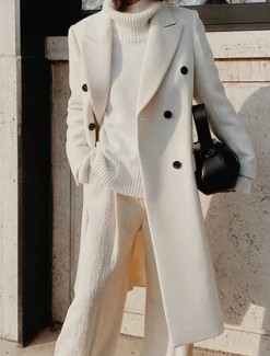 Women's Overcoat Long Pea Coat Double Breasted Lapel Trench Coat Windproof Warm Winter Coat with Pockets Fall Stylish Contemporary Modern Jacket Long Sleeve White Khaki