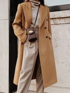 Women's Overcoat Long Pea Coat Double Breasted Lapel Trench Coat Windproof Warm Winter Coat with Pockets Fall Stylish Contemporary Modern Jacket Long Sleeve White Khaki