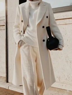 Women's Overcoat Long Pea Coat Double Breasted Lapel Trench Coat Windproof Warm Winter Coat with Pockets Fall Stylish Contemporary Modern Jacket Long Sleeve White Khaki