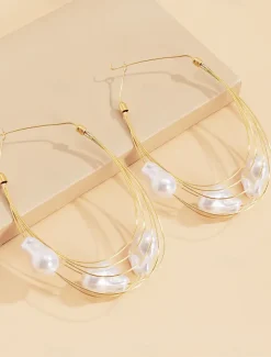 Women's Oversized Gold Wire Hoop Earrings with Irregular Pearl Drops - Artistic Statement Jewelry for Fashion Parties and Trendy Events