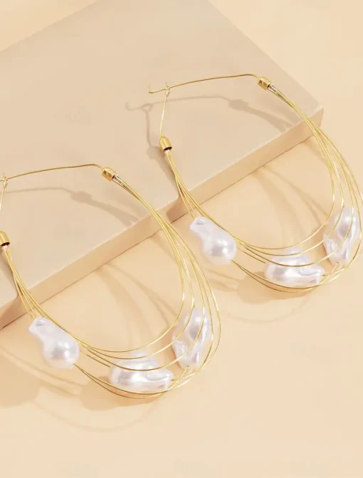 Women's Oversized Gold Wire Hoop Earrings with Irregular Pearl Drops - Artistic Statement Jewelry for Fashion Parties and Trendy Events