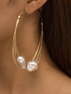 Women's Oversized Gold Wire Hoop Earrings with Irregular Pearl Drops - Artistic Statement Jewelry for Fashion Parties and Trendy Events