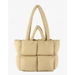 Women's Oversized Puffer Tote Bag - Beige Quilted Shoulder Bag, Lightweight and Spacious, Perfect for Travel and Everyday Use