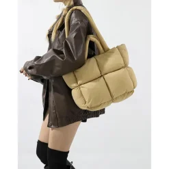 Women's Oversized Puffer Tote Bag - Beige Quilted Shoulder Bag, Lightweight and Spacious, Perfect for Travel and Everyday Use