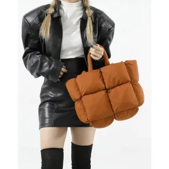 Women's Oversized Puffer Tote Bag - Beige Quilted Shoulder Bag, Lightweight and Spacious, Perfect for Travel and Everyday Use