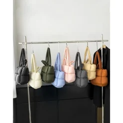 Women's Oversized Puffer Tote Bag - Beige Quilted Shoulder Bag, Lightweight and Spacious, Perfect for Travel and Everyday Use