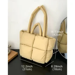 Women's Oversized Puffer Tote Bag - Beige Quilted Shoulder Bag, Lightweight and Spacious, Perfect for Travel and Everyday Use
