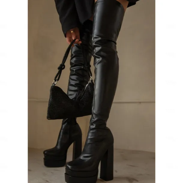 Women's Over-the-Knee Platform Boots – Black and White Stretch Faux Leather High Heel Boots for Fashion Events and Parties