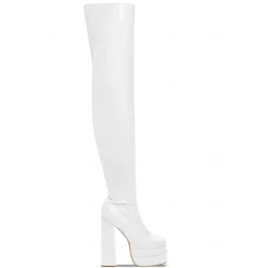 Women's Over-the-Knee Platform Boots – Black and White Stretch Faux Leather High Heel Boots for Fashion Events and Parties