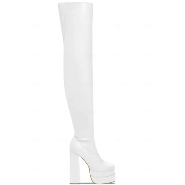Women's Over-the-Knee Platform Boots – Black and White Stretch Faux Leather High Heel Boots for Fashion Events and Parties