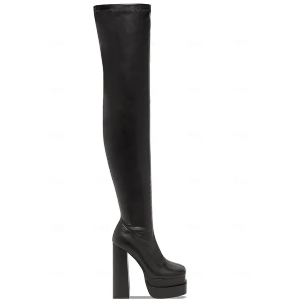 Women's Over-the-Knee Platform Boots – Black and White Stretch Faux Leather High Heel Boots for Fashion Events and Parties