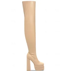 Women's Over-the-Knee Platform Boots – Black and White Stretch Faux Leather High Heel Boots for Fashion Events and Parties