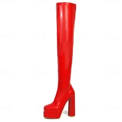 Women's Over-the-Knee Platform Boots – Black and White Stretch Faux Leather High Heel Boots for Fashion Events and Parties