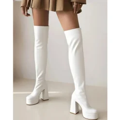 Women's Over-the-Knee Platform Boots – Black and White Stretch Faux Leather High Heel Boots for Fashion Events and Parties
