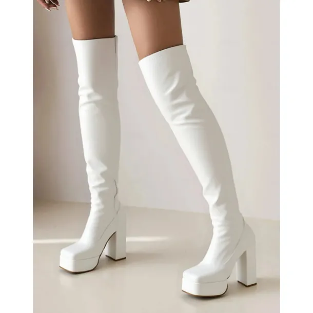 Women's Over-the-Knee Platform Boots – Black and White Stretch Faux Leather High Heel Boots for Fashion Events and Parties