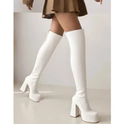 Women's Over-the-Knee Platform Boots – Black and White Stretch Faux Leather High Heel Boots for Fashion Events and Parties