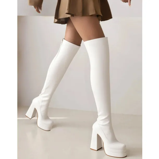 Women's Over-the-Knee Platform Boots – Black and White Stretch Faux Leather High Heel Boots for Fashion Events and Parties
