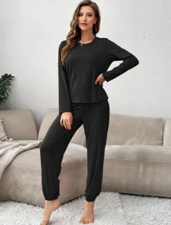 Women's Pajama Set 2 Pieces Pure Color Casual Comfort Comfrt Home Spandex Comfort Breathable Crew Neck Long Sleeve T shirt Tee Pant Spring Fall Home Outfits