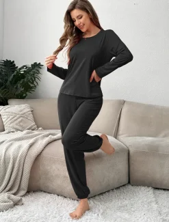 Women's Pajama Set 2 Pieces Pure Color Casual Comfort Comfrt Home Spandex Comfort Breathable Crew Neck Long Sleeve T shirt Tee Pant Spring Fall Home Outfits