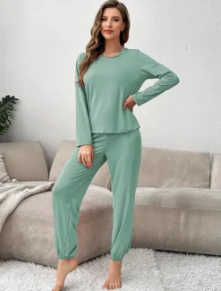 Women's Pajama Set 2 Pieces Pure Color Casual Comfort Comfrt Home Spandex Comfort Breathable Crew Neck Long Sleeve T shirt Tee Pant Spring Fall Home Outfits