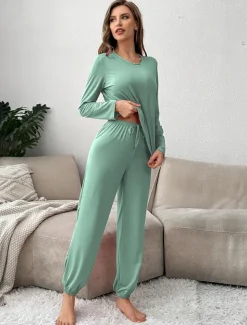 Women's Pajama Set 2 Pieces Pure Color Casual Comfort Comfrt Home Spandex Comfort Breathable Crew Neck Long Sleeve T shirt Tee Pant Spring Fall Home Outfits