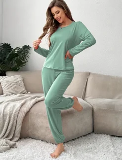 Women's Pajama Set 2 Pieces Pure Color Casual Comfort Comfrt Home Spandex Comfort Breathable Crew Neck Long Sleeve T shirt Tee Pant Spring Fall Home Outfits