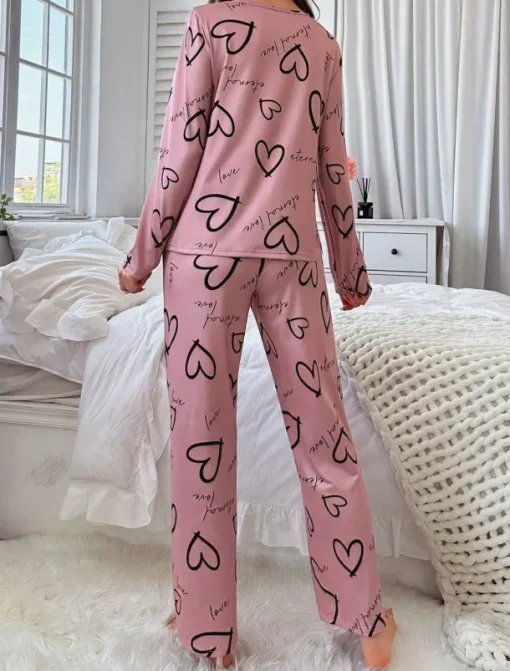 Women's Pajama Set Casual Comfort Comfrt Heart T Shirt Pant Home Long Sleeve Crew Neck Pink Spring Fall Winter