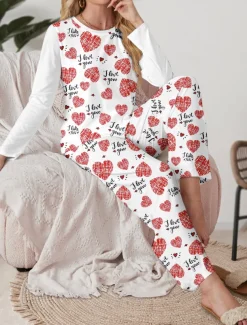 Women's Pajama Set Casual Comfort Comfrt Heart T Shirt Pant Home Valentine's Day Daily Long Sleeve Crew Neck White Spring Fall Winter
