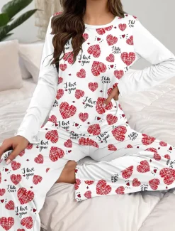 Women's Pajama Set Casual Comfort Comfrt Heart T Shirt Pant Home Valentine's Day Daily Long Sleeve Crew Neck White Spring Fall Winter