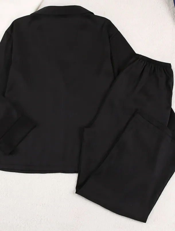 Women's Pajama Set Casual Comfort Pure Color Button Up Elastic Waist Shirt Pant Home Daily Long Sleeve Shirt Collar Black Green Summer Spring Fall Regular Fit