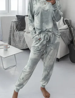 Women's Pajama Set Casual Comfort Tie Dye Elastic Waist T Shirt Pant Home Daily Long Sleeve Crew Neck Pink Blue Green Rainbow Gray Summer Spring Fall Regular Fit