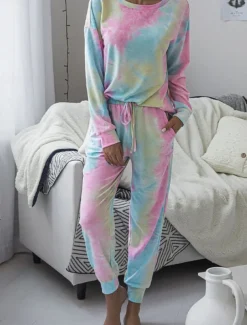Women's Pajama Set Casual Comfort Tie Dye Elastic Waist T Shirt Pant Home Daily Long Sleeve Crew Neck Pink Blue Green Rainbow Gray Summer Spring Fall Regular Fit