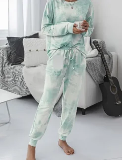 Women's Pajama Set Casual Comfort Tie Dye Elastic Waist T Shirt Pant Home Daily Long Sleeve Crew Neck Pink Blue Green Rainbow Gray Summer Spring Fall Regular Fit